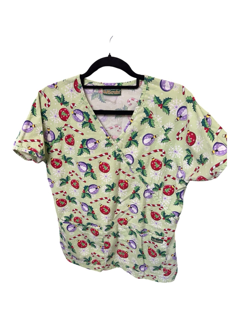UA Scrubs Christmas Holiday Mock Wrap V-Neck Print Top Medium M